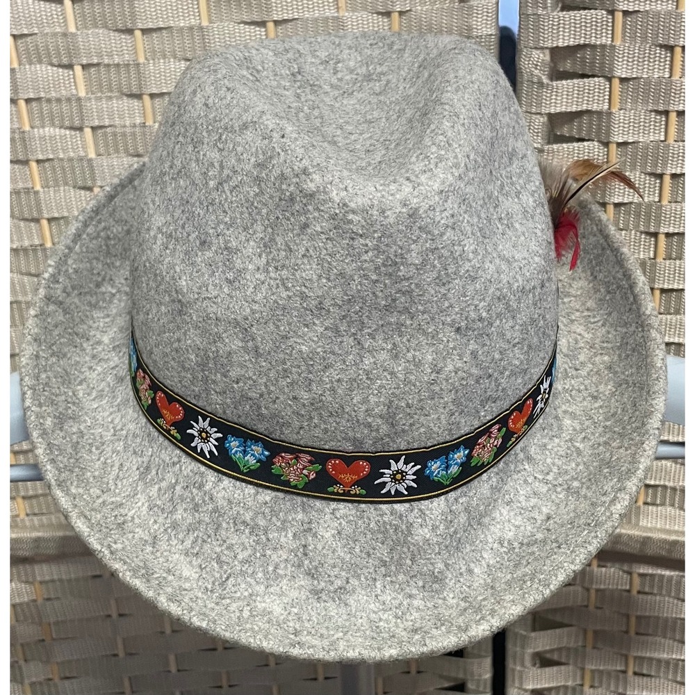 EHG Bavarian Hat Grey 100% Wool Tyrolean Oktoberfest Fedora Floral Band Feather
